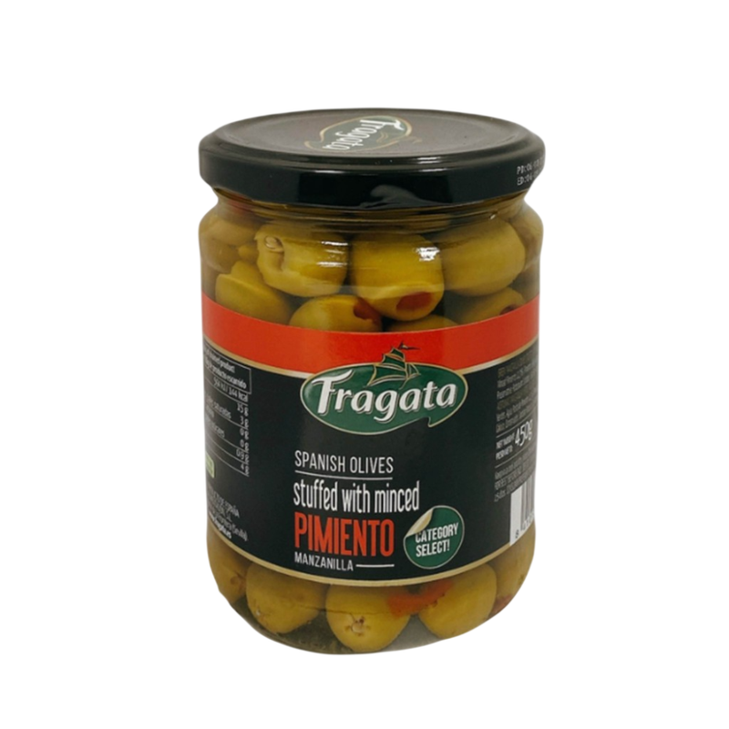 ฟรากาตา มะกอกเขียวยัดไส้พริก 450 กรัม Fragata Stuffed Manzanila Olives 450 g.