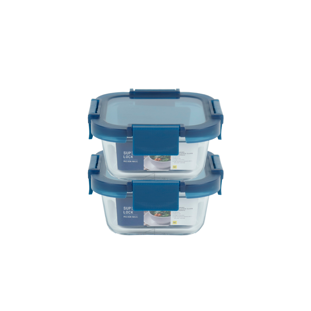 Super Lock Blue Series Square Glass Food Container 320ml 6216 Pack 2