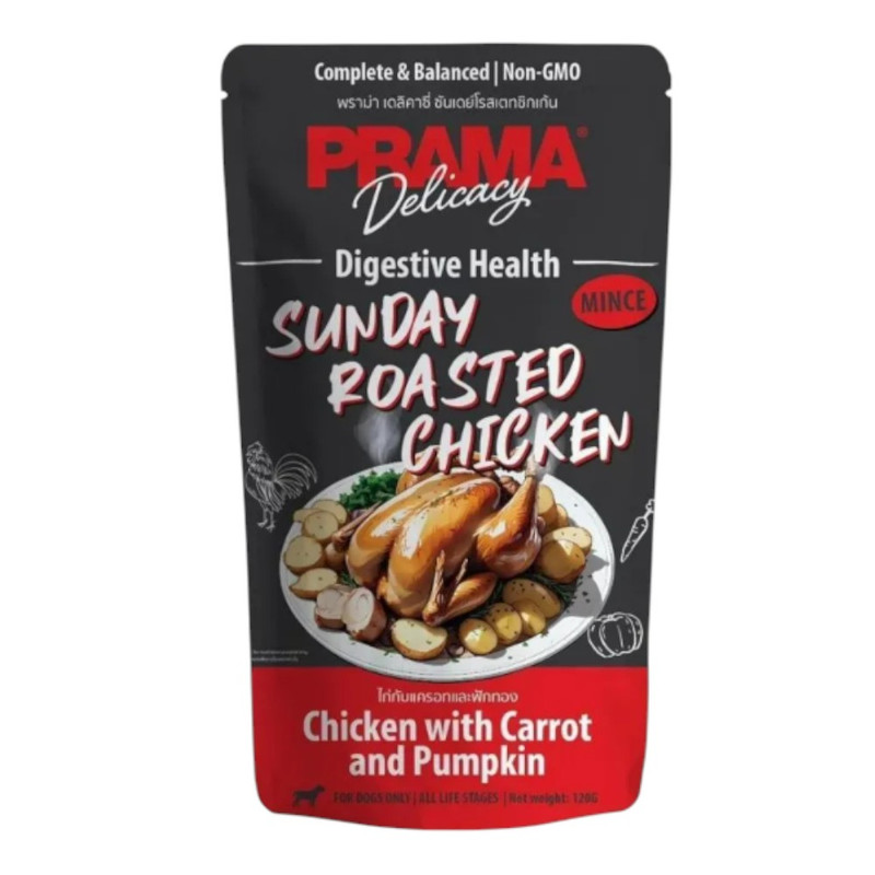 Prama อาหารเปียกสุนัข สูตร Complete & Balanced โปรตีนสูง เนื้อสัตว์เน้นๆ ช่วยบํารุงสุขภาพ มี 6 สูตร ขนาด 120g. PD4-ไก่ แครอท ฟักทอง