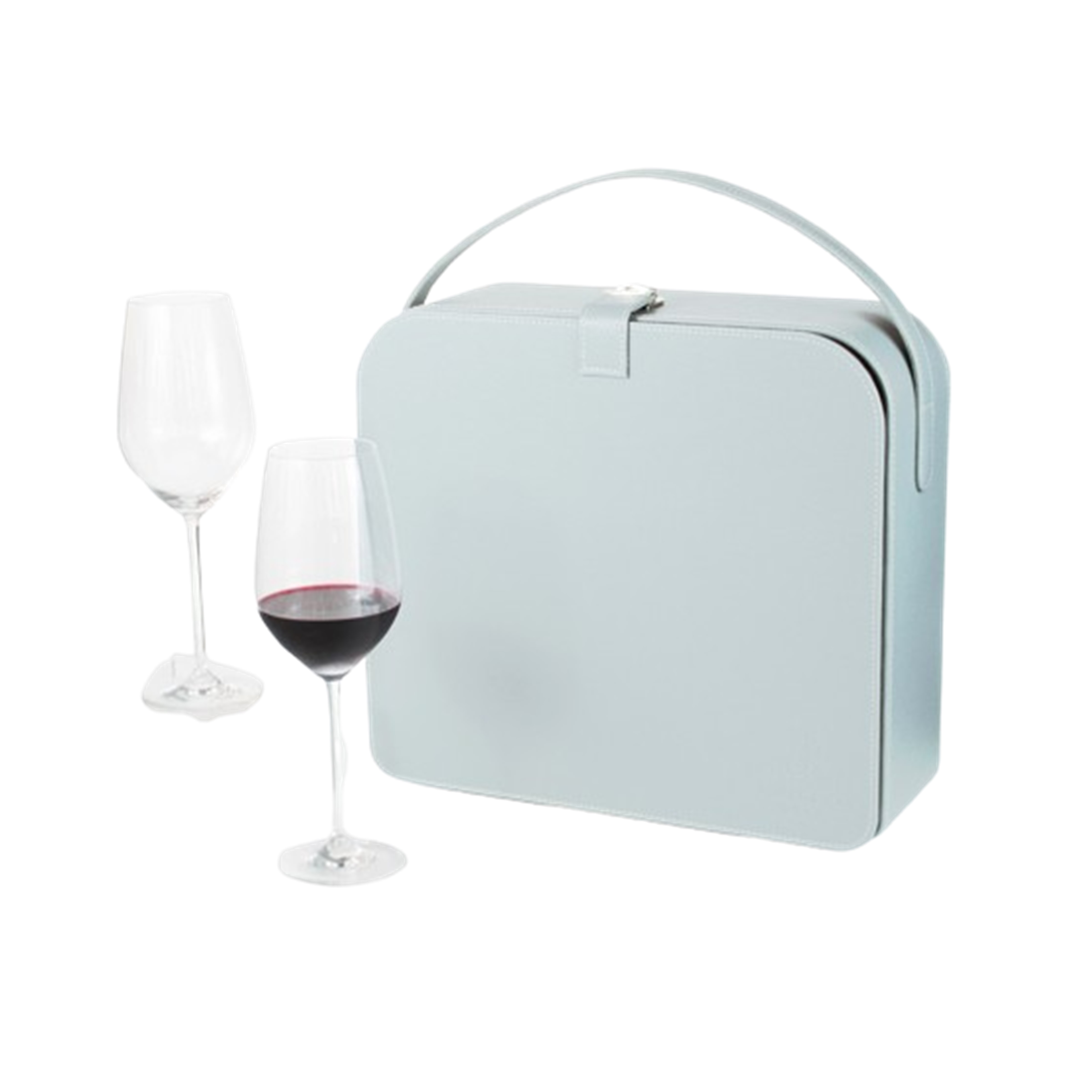 Gray leather wine bag with Schott zwiezel glasses