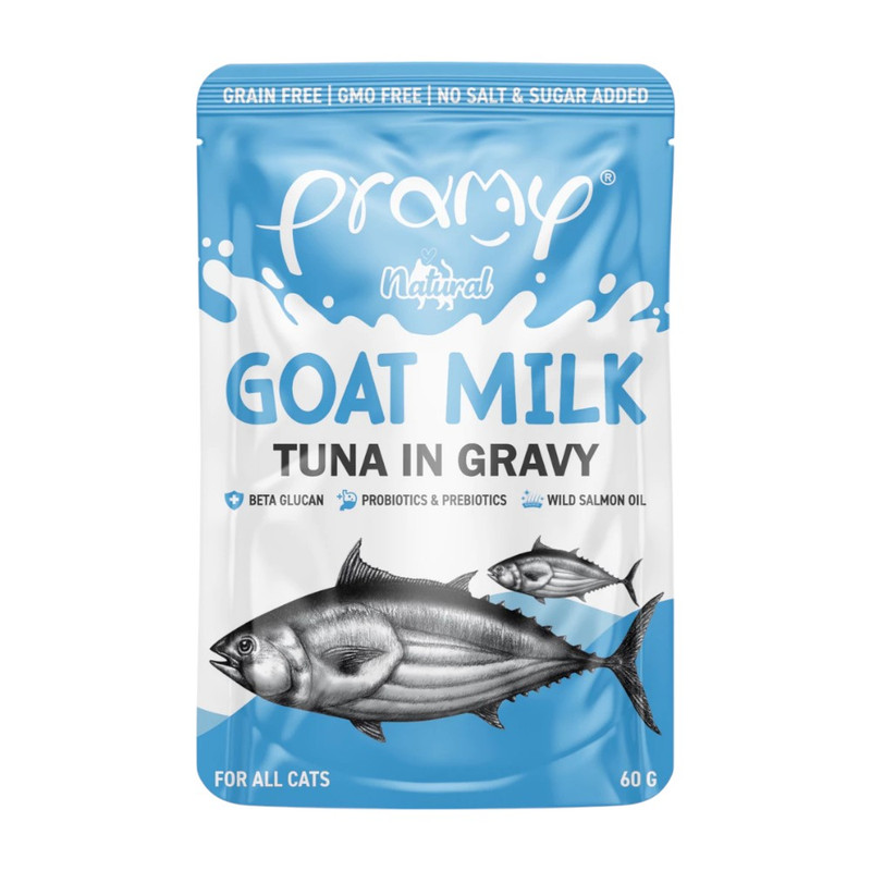 [1ซอง] Pramy Goat Milk in Gravy อาหารเปียกแมวผสมนมแพะในน้ําเกรวี่ ขนาด 60g / GC1-ทูน่า&นมแพะ(ฟ้า)