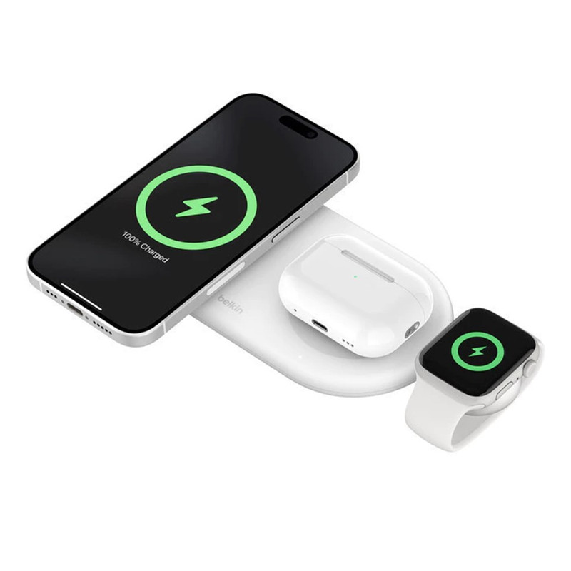 Belkin แท่นชาร์จไร้สาย 3-in-1 Wireless Charge เทคโนโลยี Qi2 Fast Charge 15 วัตต์ รุ่น WIZ022 แถมฟรี หัวชาร์จ 30 วัตต์