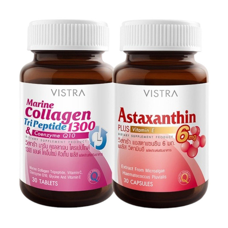 VISTRA Dietary Supplement SET Skin Anti Aging Marine Collagen TriPeptide 1300 mg & CO-Q10 30 Tablets + Astaxanthin 6 mg Plus Vitamin E 30 Capsules x 2