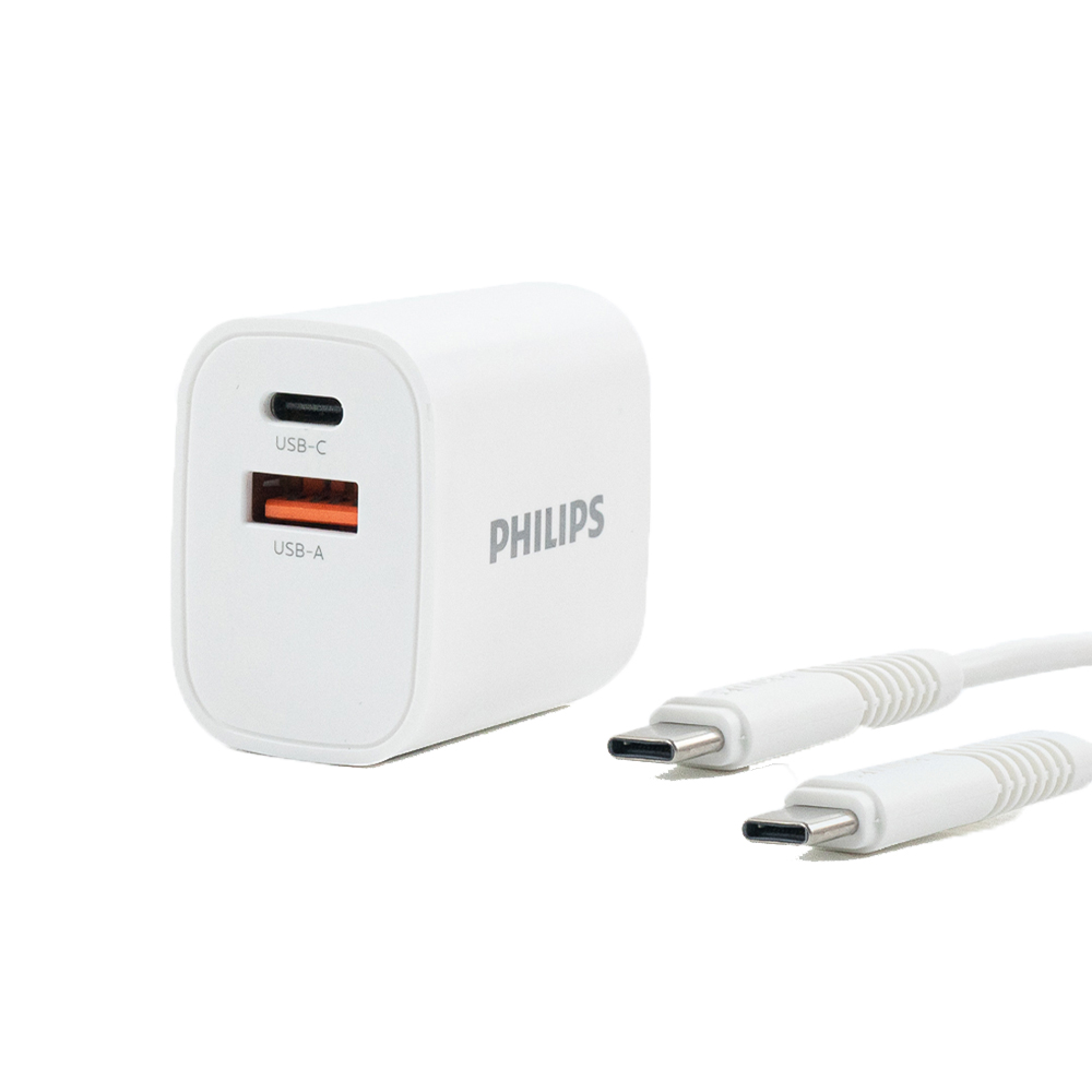 PHILIPS Wall USB Charger 1 USB-A / 1 USB-C (PD20W) Dual Port White