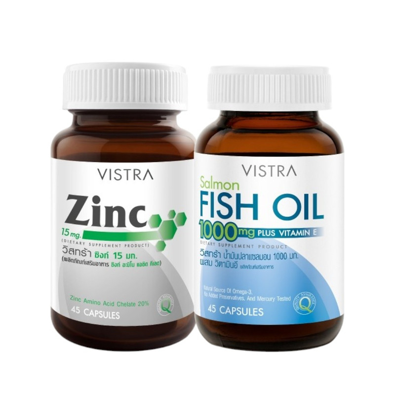VISTRA Dietary Supplement Zinc + Salmon Fish Oil Supplement, Zinc 15mg 45 Tablets + Salmon Fish Oil 1000mg Plus Vitamin E 45 Tablets x 2