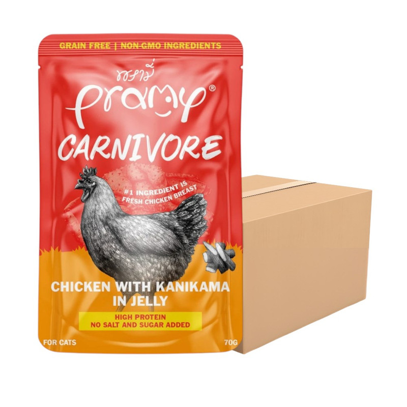 [48 ซอง] Pramy Carnivore พรามี่ คาร์นิวอร์ อาหารแมวโปรตีนสูงเนื้อสัตว์เน้นๆ มีให้เลือก 10 สูตร Gravy และ Jelly ขนาด 70g CV8-ไก่&ปูอัดเจลลี่