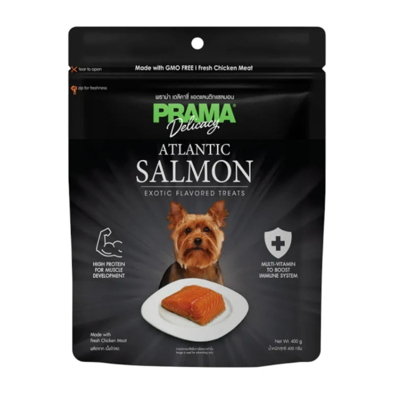 [ขนาดใหม่ 400g.] PRAMA Delicacy Snack พราม่า เดลิคาซี่ สแน็ค ขนมสุนัข ผลิตจากเนื้อไก่สด / รสแซลมอน 400g