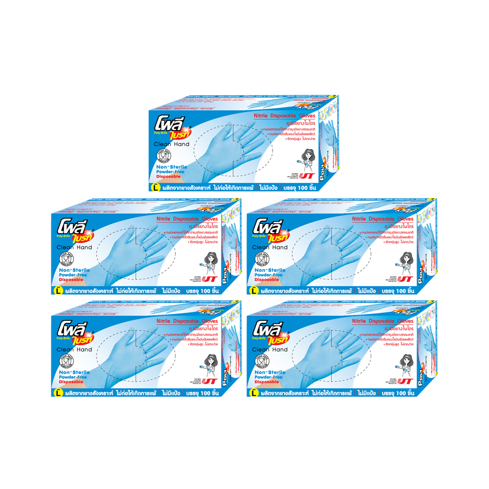 POLY BRITE Nitrile Disposable Gloves Powder-free Size L (Food Safe) 100 pcs x 5 boxes