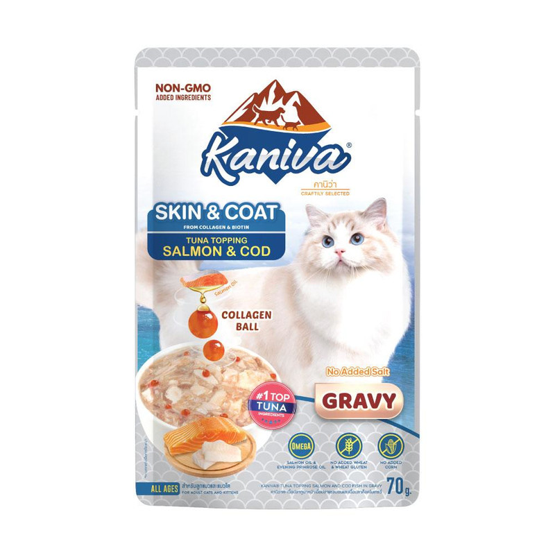 Kaniva Cat Food Skin & Coat Tuna Topping Salmon & Cod In Gravy 70 g. x 12