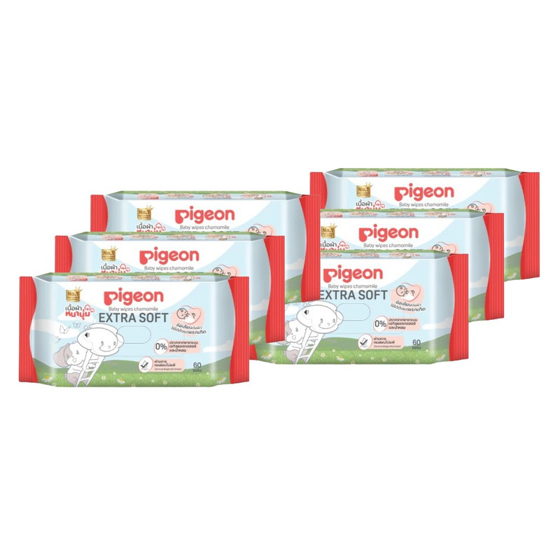 [แพ็ค 6,12] Pigeon พีเจ้น เบบี้ไวพส์ สูตรคาโมมายล์ ผ้าหนานุ่ม HOWAPIPI 60 ชิ้น(สุ่มลาย) แพค 6