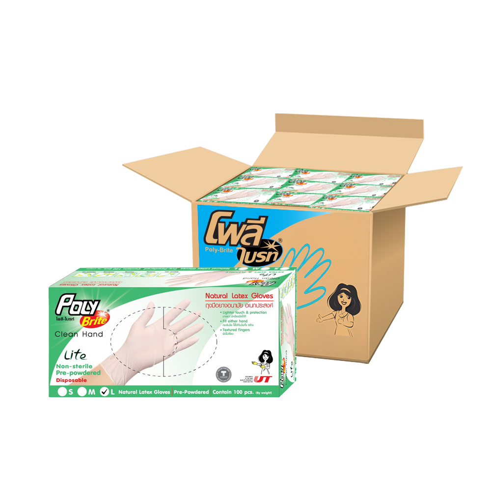 POLY BRITE Natural Latex Gloves Extra Thin Lite Size L 100 pcs x 10 boxes