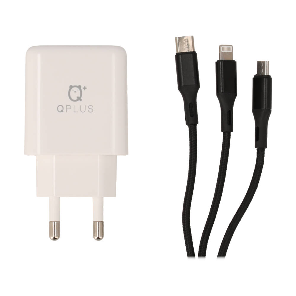 QPLUS Wall USB Charger 2 USB-A (2.4A) + 3-in-1 USB-A to USB-C/Micro/Lightning Cable 1 m White