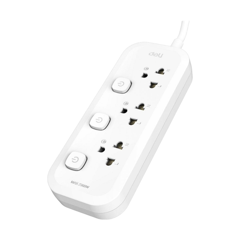 Deli รางปลั๊กไฟ 10A 2300W มี มอก. 3ช่อง 3เมตร 3สวิตซ์ สีขาว รุ่น CT469 1ชิ้น