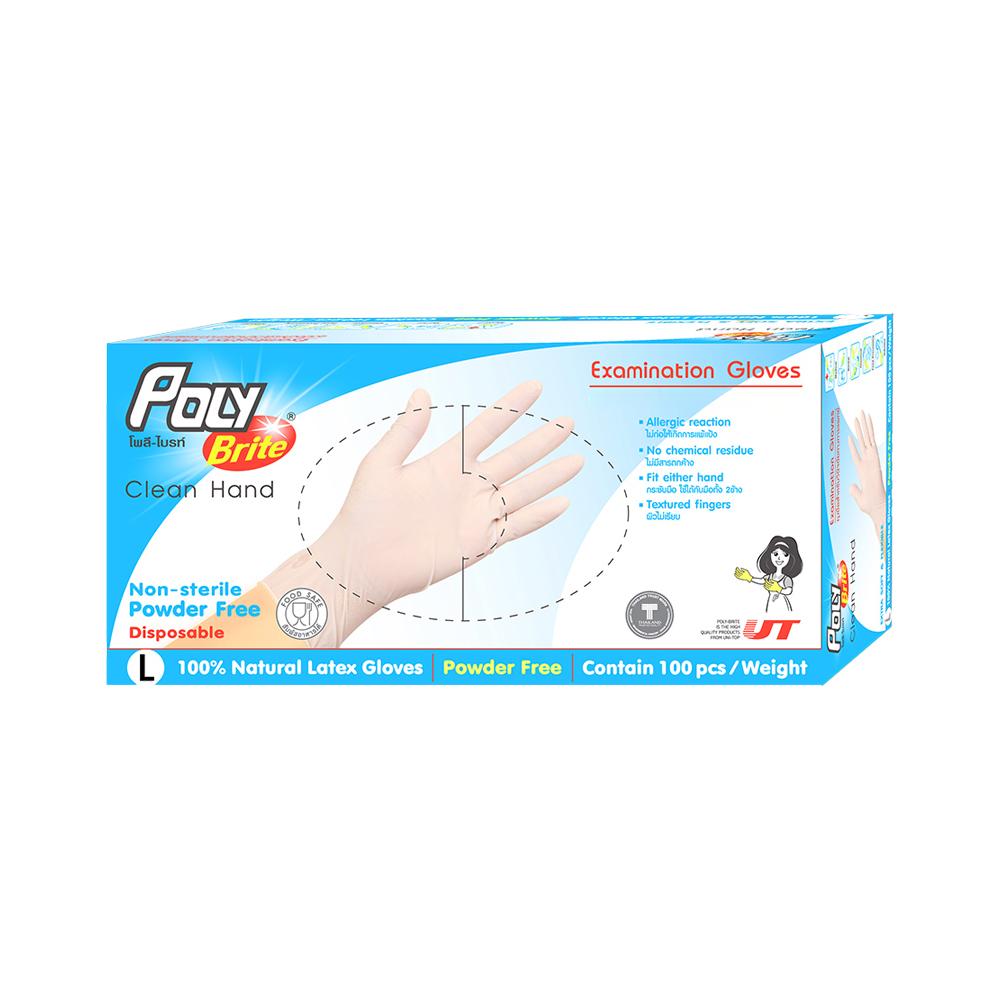 POLY BRITE Natural Latex Gloves Powder-free Size L 100 pcs