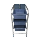 Thumbnail 2 of รถเข็นเก็บจานสแตนเลส พร้อมถาด 3 ใบ และ ถัง 2 ใบ (รุ่นขาโค้ง)