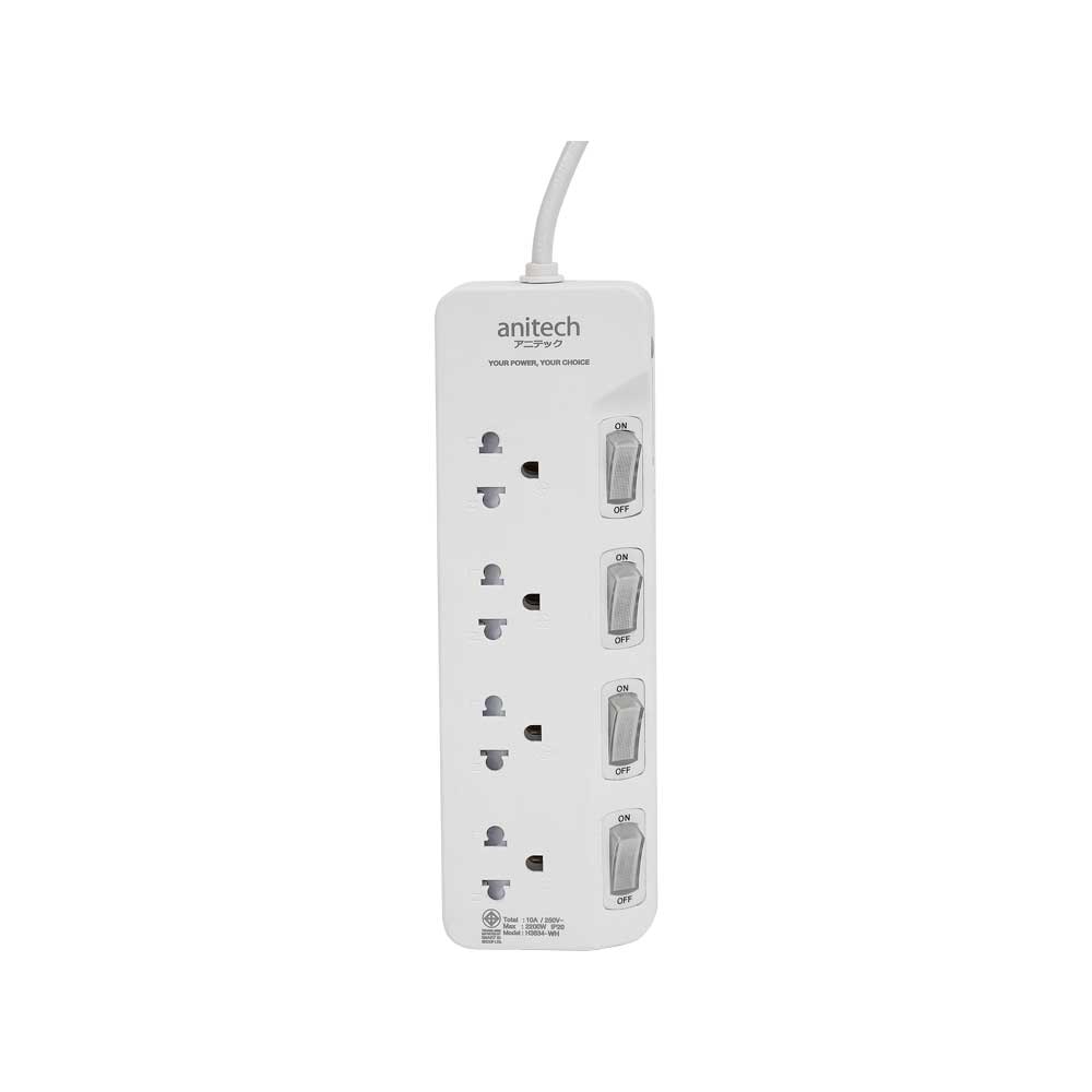 Anitech 4 ช่อง 4 สวิตช์ รุ่น H3634-WH สายไฟคุณภาพยาว 3 เมตร กําลังไฟ 2200W