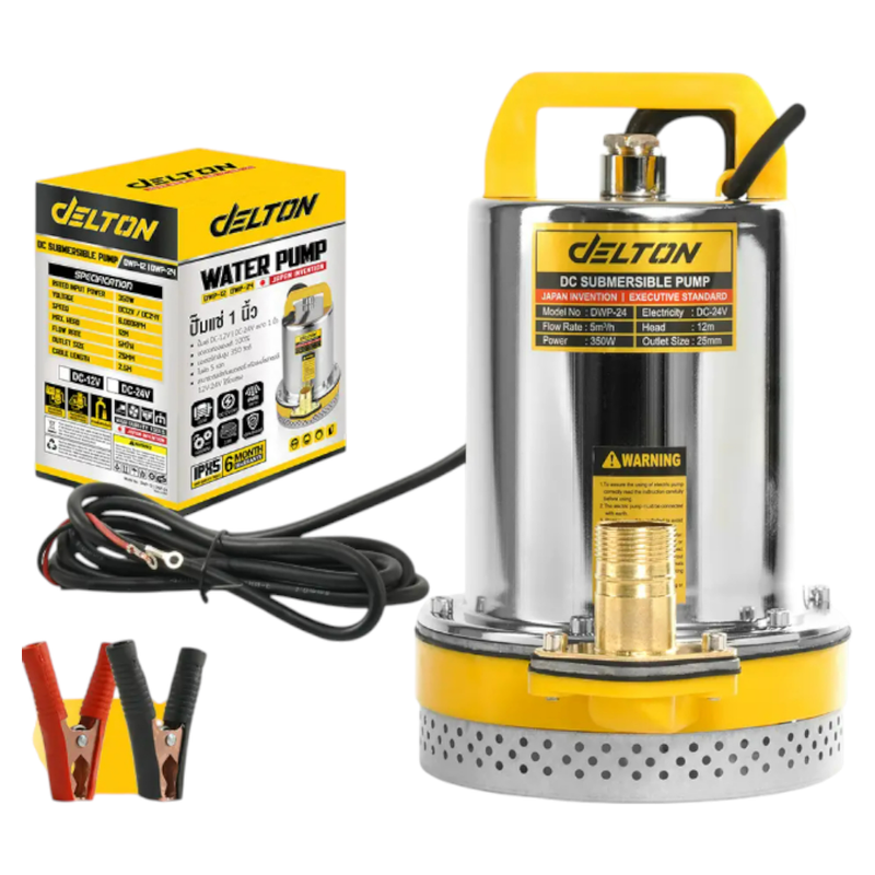 DELTON ปั๊มน้ําไดโว่ DC ปั๊มแช่ 1 นิ้ว รุ่นใหม่! 12V สามารถต่อใช้งานกับแบตเตอรี่และแผงโซล่าได้ ปั๊มจุ่ม ไดโว่ รุ่น DWP-12
