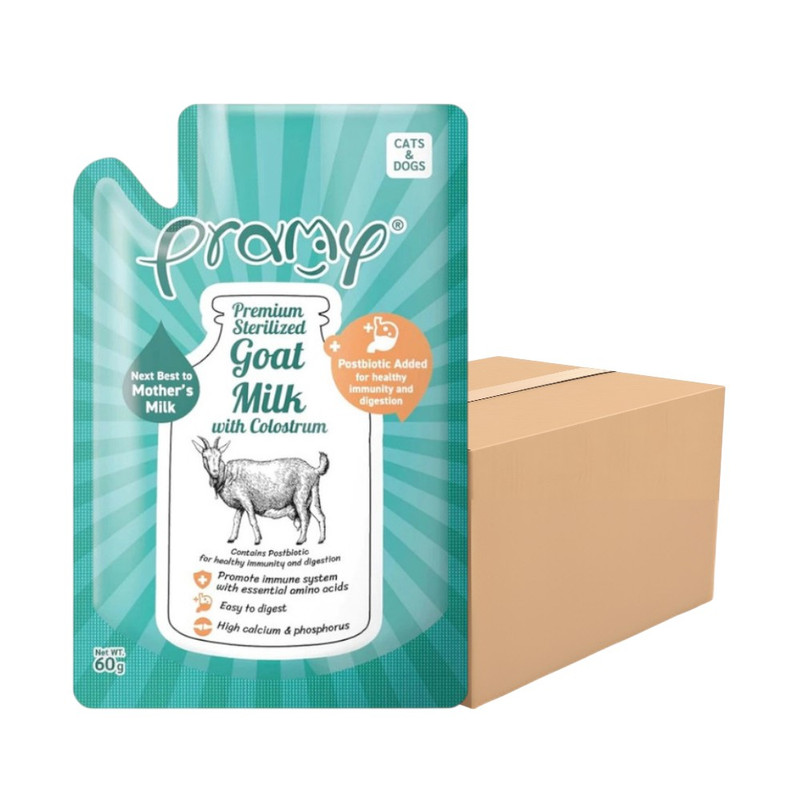 [12ซอง] Pramy Sterilized Goat Milk With Colostrum นมแพะ สเตอริไลส์ เสริมนมน้ําเหลือง ขนาด 60g / GM04-นมแพะสีเขียว