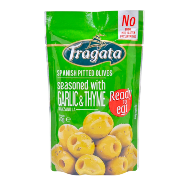 ฟรากาตา พิทเต็ด โอลีฟ ซีซัน กาลิค แอนด์ ไทม์ 70 กรัม Fragata Pitted Olives Seasoned Garlic And Thyme 70 g.