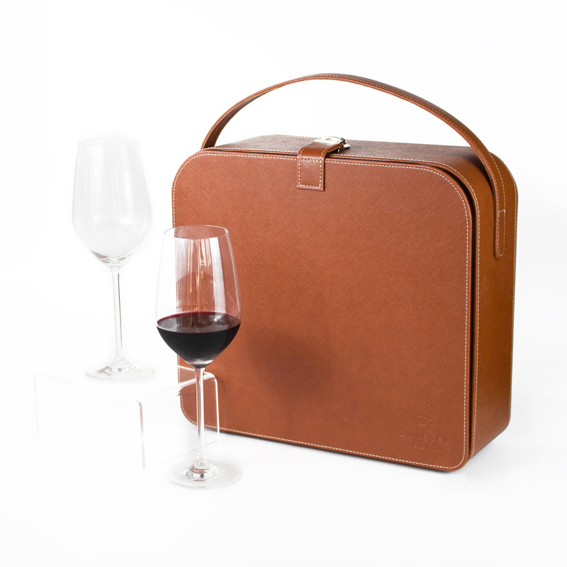Brown leather wine bag with Schott zwiezle glasses