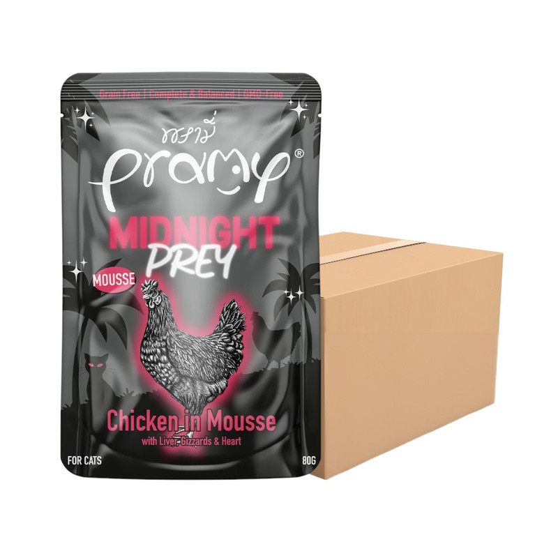[48 ซอง] Pramy Midnight Prey อาหารแมว สูตร Complete & Balanced โปรตีนสูง เนื้อสัตว์เน้นๆ ช่วยบํารุงสุขภาพ มี 6 สูตร 80g. MN5-มูสเนื้อไก่
