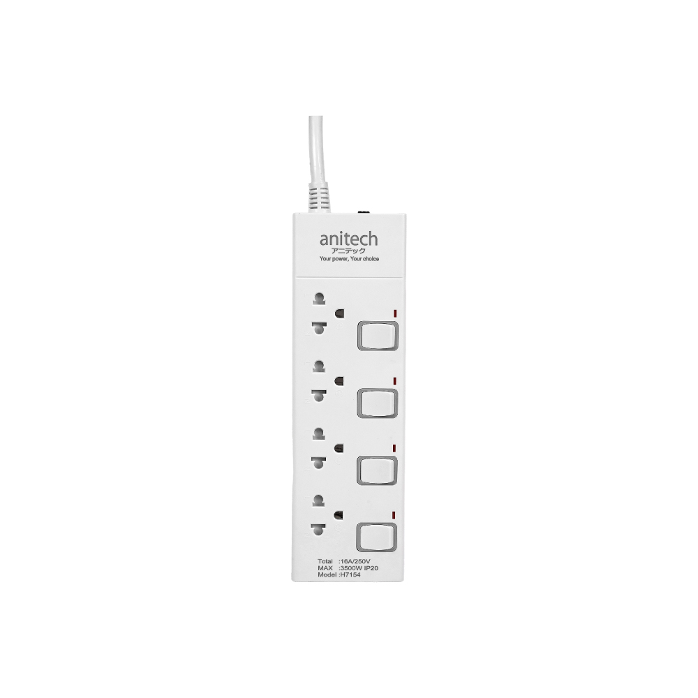 Anitech ปลั๊กไฟ 4 ช่อง 4 สวิตช์ รุ่น H7154 สายยาว 5 เมตร กําลังไฟ 3500 วัตต์