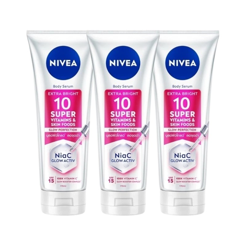 Nivea Body Serum Extra Bright 10 Super Vitamin and Skin Food Glow Perfection 300 ml x 3