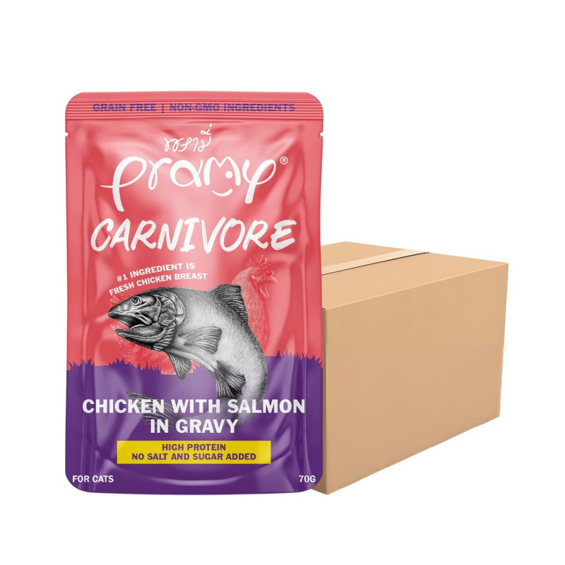 [12 ซอง] Pramy Carnivore พรามี่ คาร์นิวอร์ อาหารแมวโปรตีนสูงเนื้อสัตว์เน้นๆ มีให้เลือก 10 สูตร Gravy และ Jelly ขนาด 70g CV4-ไก่&แซลมอนเกรวี่