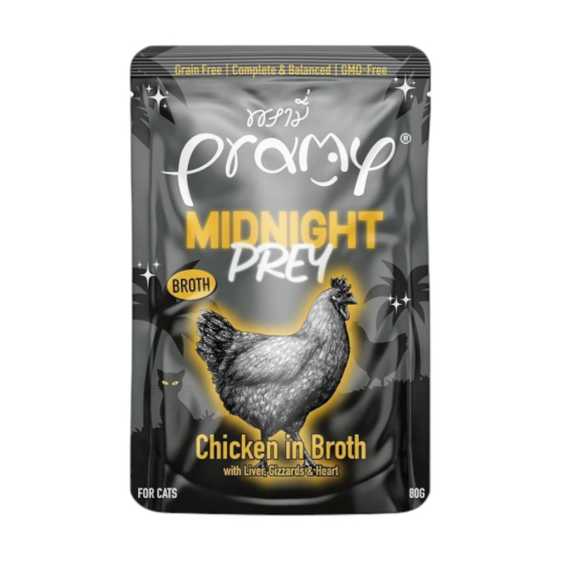 Pramy Midnight Prey อาหารแมว สูตร Complete & Balanced โปรตีนสูง เนื้อสัตว์เน้นๆ ช่วยบํารุงสุขภาพ มีให้เลือก 6 สูตร 80g. MN1-ซุปเนื้อไก่