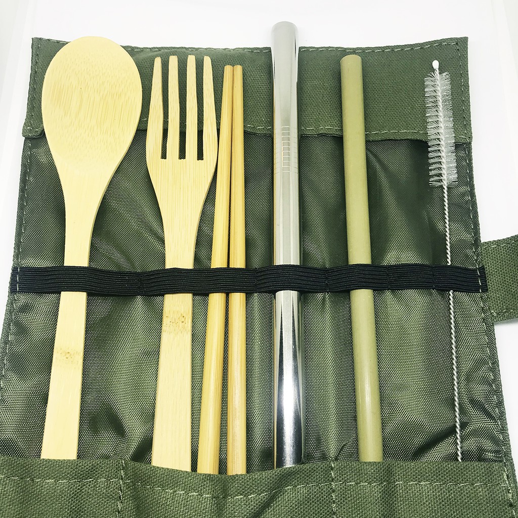 Replanetme ช้อนส้อมหลอดไม้ไผ่ชุดเดินทางในถุงผ้ากากี Bamboo Utensil Full Travel Set in Khaki Pouch