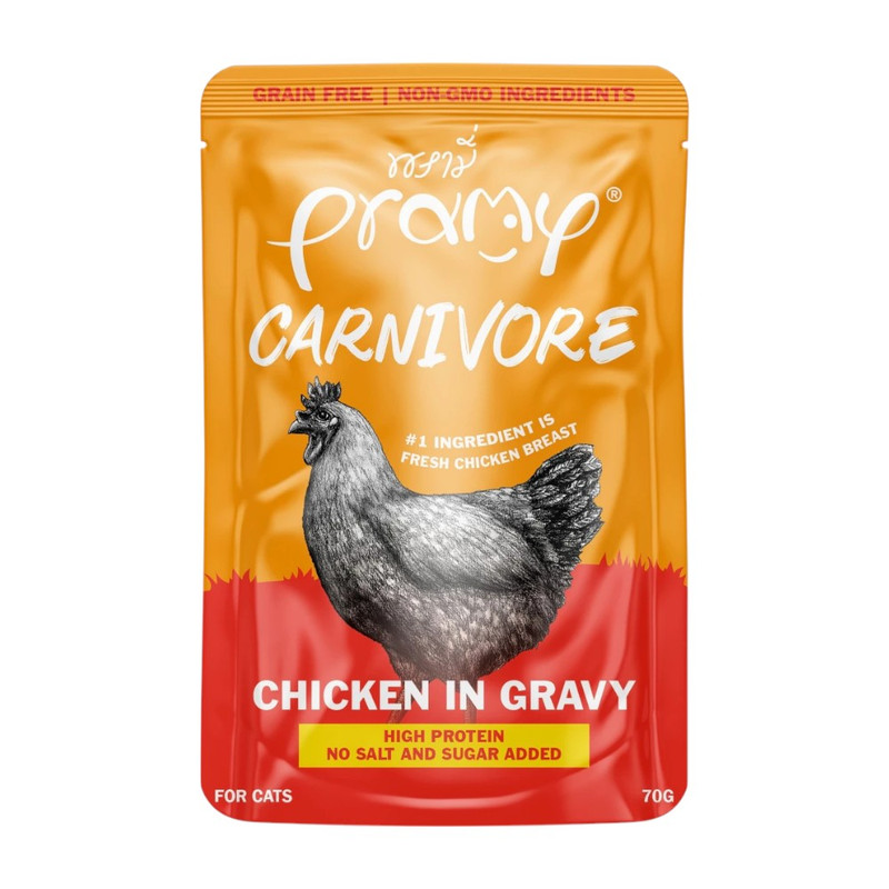 Pramy Carnivore พรามี่ คาร์นิวอร์ อาหารแมว โปรตีนสูงเนื้อสัตว์เน้นๆ มีให้เลือก 10 สูตรทั้ง Gravy และ Jelly ขนาด 70g CV3-ไก่ในเกรวี่