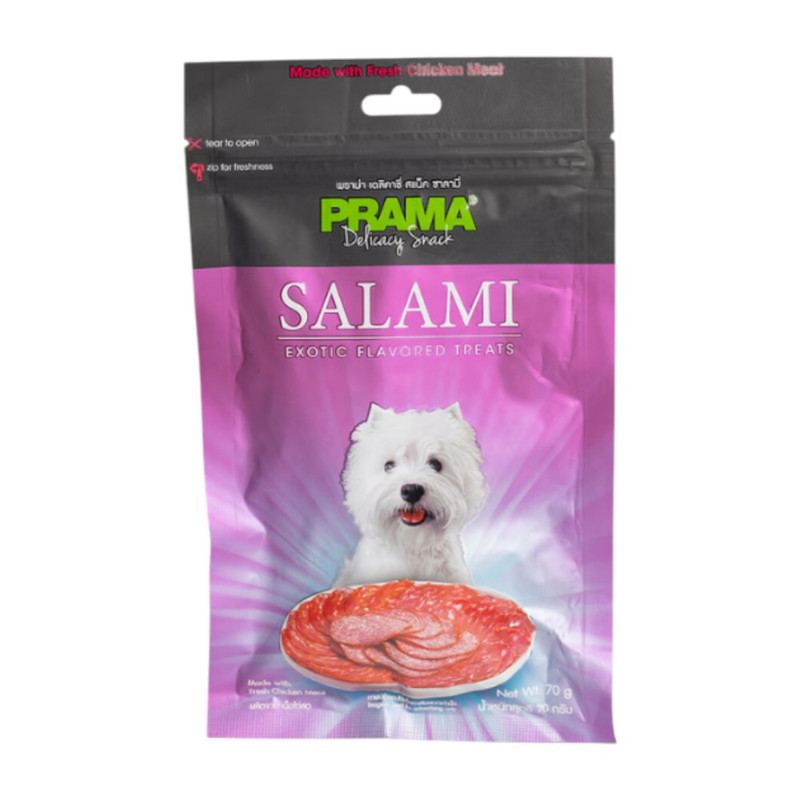 [1 ซอง] PRAMA Delicacy Snack พราม่า ขนมสุนัข รสคลาสสิค ขนาด 70 กรัม / รสซาลามี