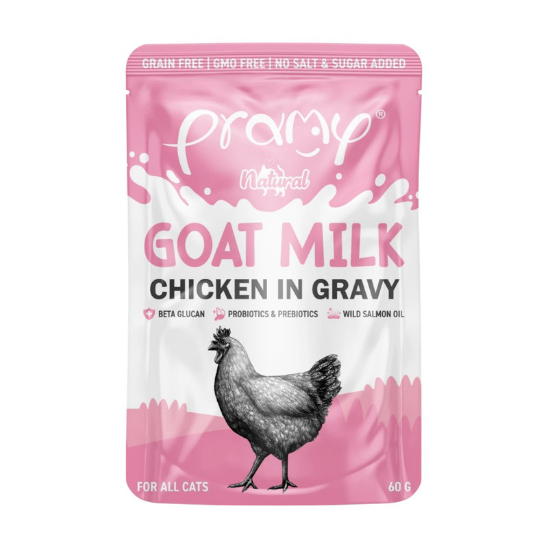 [1ซอง] Pramy Goat Milk in Gravy อาหารเปียกแมวผสมนมแพะในน้ําเกรวี่ ขนาด 60g / GC2-ไก่&นมแพะ(ชมพู)