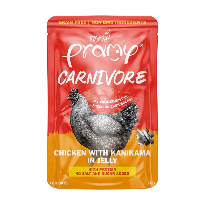 Pramy Carnivore พรามี่ คาร์นิวอร์ อาหารแมว โปรตีนสูงเนื้อสัตว์เน้นๆ มีให้เลือก 10 สูตรทั้ง Gravy และ Jelly ขนาด 70g CV8-ไก่&ปูอัดเจลลี่