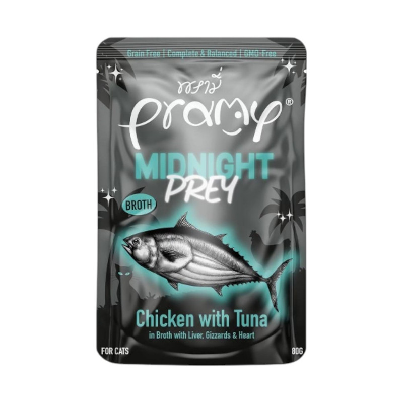 Pramy Midnight Prey อาหารแมว สูตร Complete & Balanced โปรตีนสูง เนื้อสัตว์เน้นๆ ช่วยบํารุงสุขภาพ มีให้เลือก 6 สูตร 80g. MN2-ซุปไก่&ปลาทูน่า