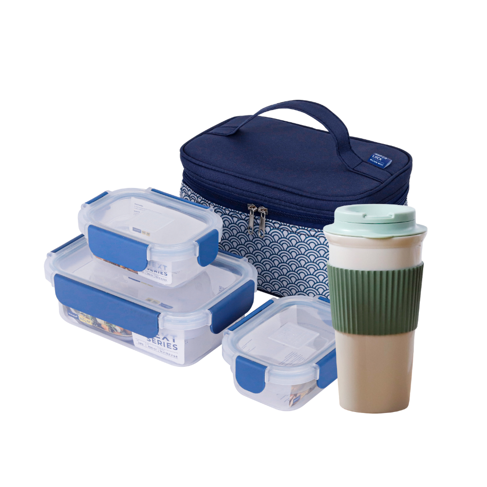 Super Lock Back to School Food Container Set with Bag NEXT Series รุ่น 2815 (Blue) + Plastic Tumbler 5245 Green