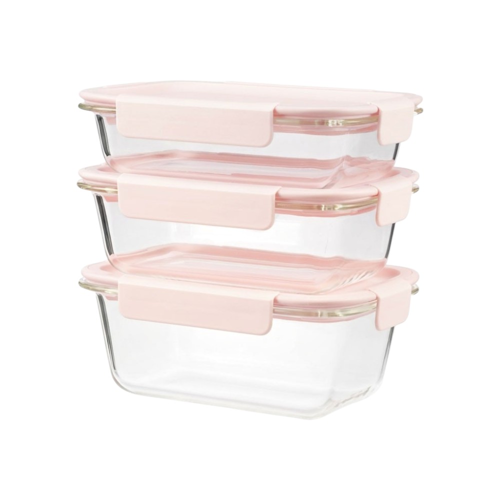 Super Lock Buy 2 Get 1 Free Blooming Series Glass Food Container Set, High Borosilicate Glass, BPA Free, Stackable, Oven Safe Pink