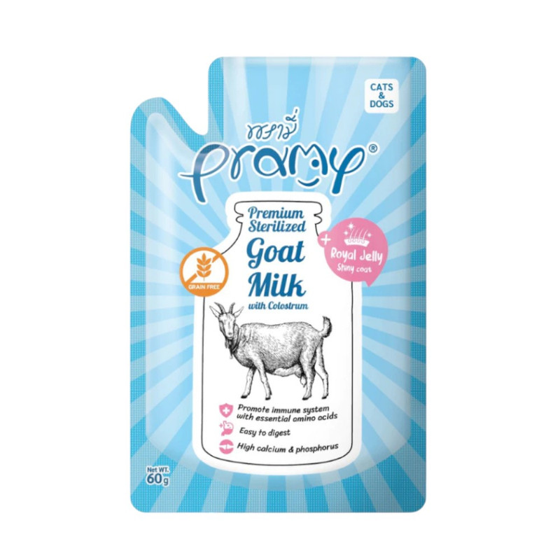 [1ซอง] Pramy Sterilized Goat Milk With Colostrum นมแพะ สเตอริไลส์ เสริมนมน้ําเหลือง ขนาด 60g / GM01-นมแพะสีฟ้า