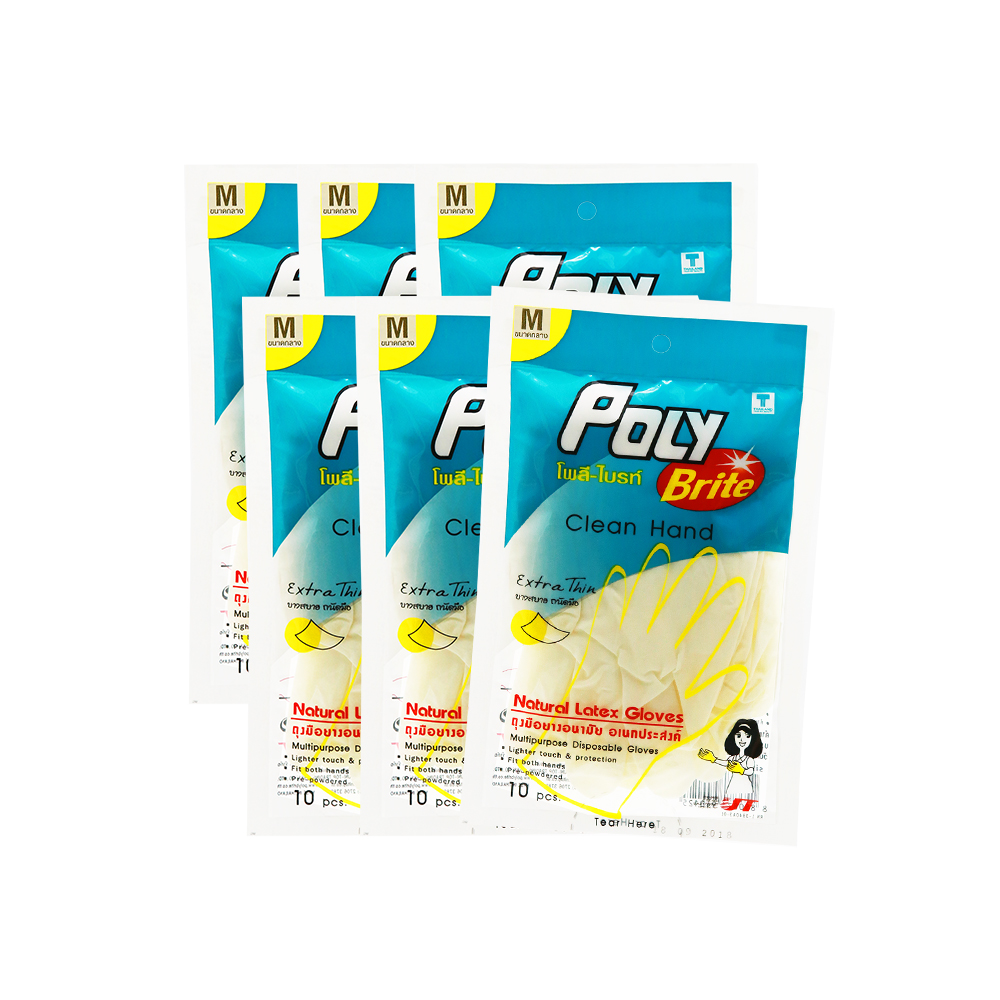 POLY BRITE ถุงมือยางอนามัย รุ่น Extra Thin ไซส์ M บรรจุ 10 ชิ้น/ซอง x 6 ซอง