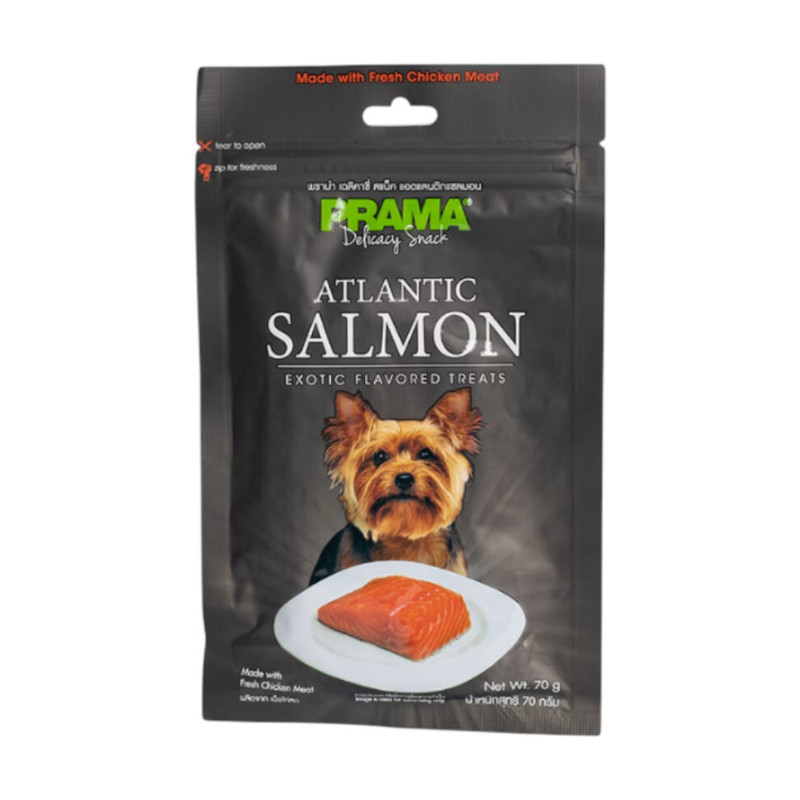 [1 ซอง] PRAMA Delicacy Snack พราม่า ขนมสุนัข รสคลาสสิค ขนาด 70 กรัม / รสแซลมอน