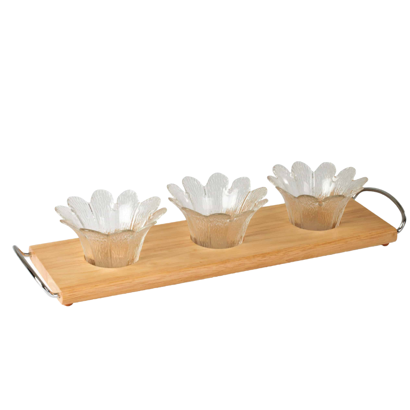 DKW Official GW-481 ชุดแก้วลายดอกไม้ 3 ใบ พร้อมถาดไม้ยางพารา Appetizer tray with 3 Flower shape bowls