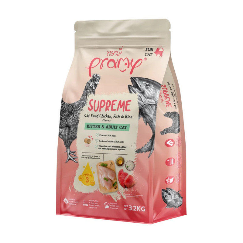 [New Size] Pramy Supreme พรามี่ ซุพรีม อาหารเม็ดแมว ขนาดใหม่ พร้อมซิปล็อค เก็บอาหารสดใหม่ / Kitten & Adult 3.2 kg. (SP - ถุงซิปล็อค)