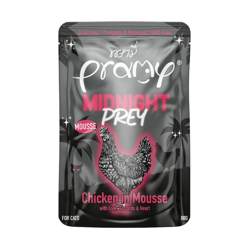 Pramy Midnight Prey อาหารแมว สูตร Complete & Balanced โปรตีนสูง เนื้อสัตว์เน้นๆ ช่วยบํารุงสุขภาพ มีให้เลือก 6 สูตร 80g. MN5-มูสเนื้อไก่