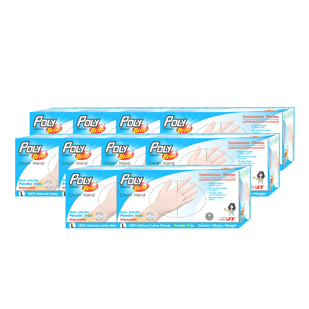 POLY BRITE ถุงมือยางธรรมชาติ รุ่นไม่มีแป้ง (ไซส์ L) บรรจุ 100 ชิ้น/กล่อง x 10 กล่อง