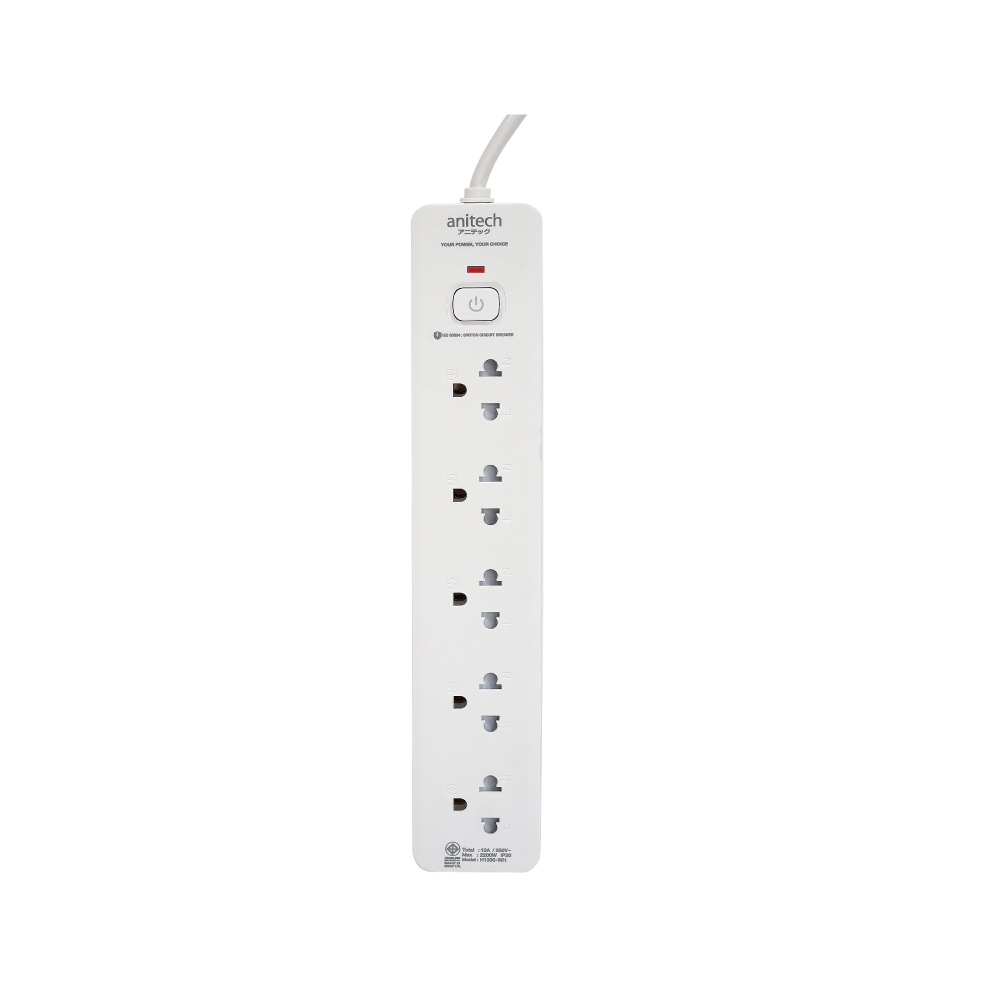 Anitech ปลั๊กไฟ 5 ช่อง 1 สวิตช์  รุ่น H1335-WHสายไฟคุณภาพยาว 3 เมตร กําลังไฟ 2200W