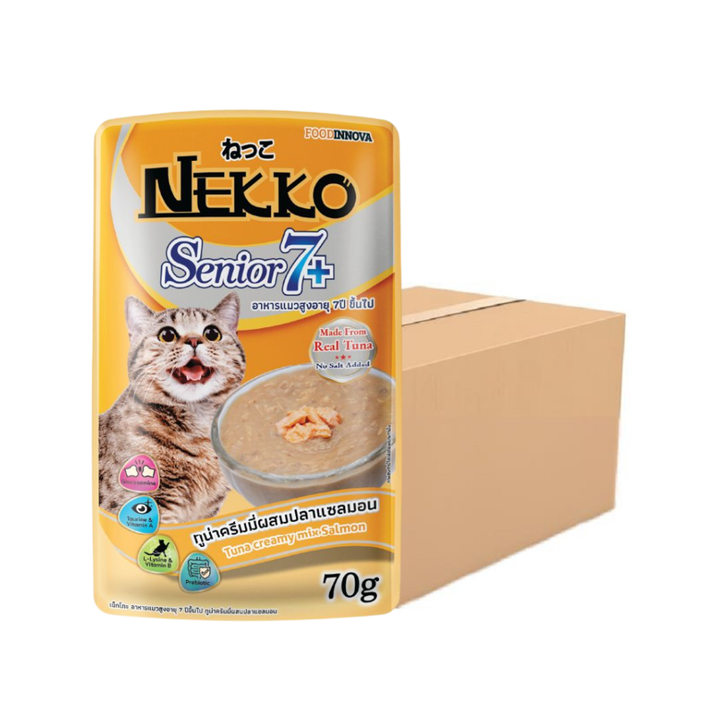 Nekko Senior 7+ อาหารแมวสูงอายุ 7 ปีขึ้นไป ปลาทูน่าครีมมี่ผสมปลาแซลมอน 70 g. x 48 ซอง