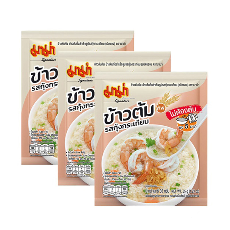 มาม่าข้าวต้มคัพซองรสกุ้งกระเทียม แพค 3 ซอง
