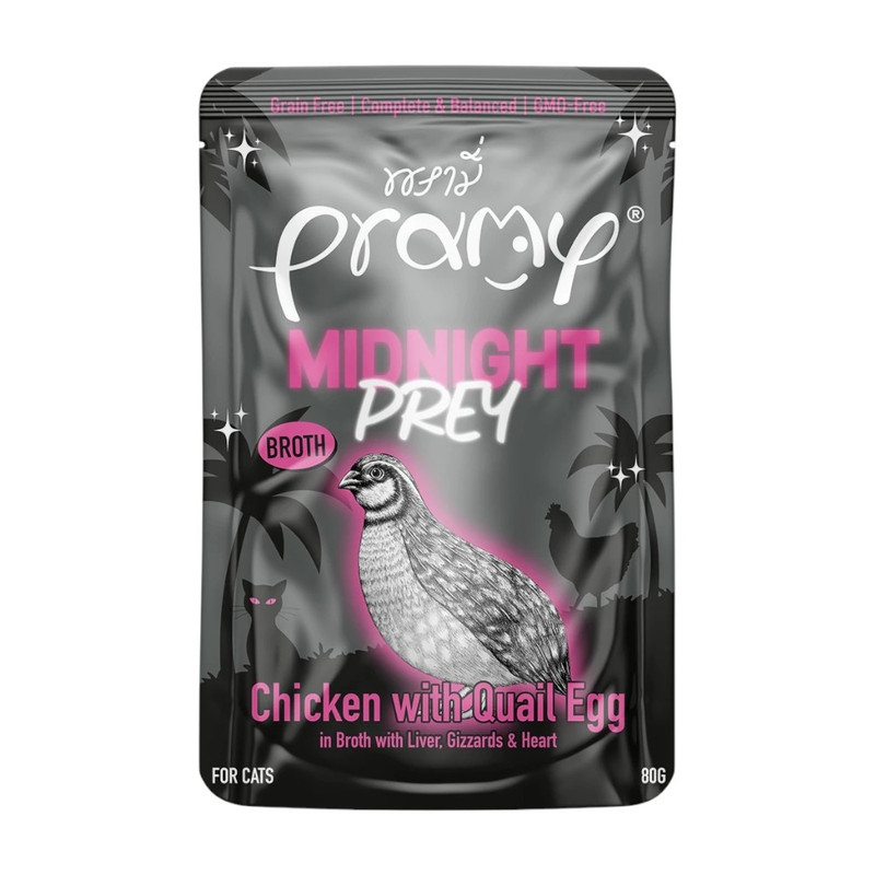 Pramy Midnight Prey อาหารแมว สูตร Complete & Balanced โปรตีนสูง เนื้อสัตว์เน้นๆ ช่วยบํารุงสุขภาพ มีให้เลือก 6 สูตร 80g. MN4-ซุปไก่&ไข่นก