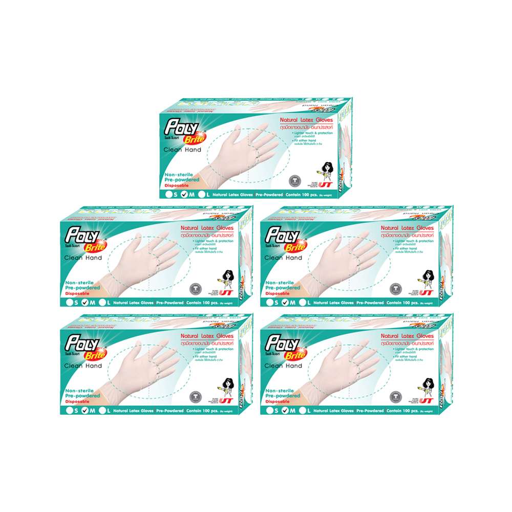 POLY BRITE ถุงมือยางอนามัย รุ่น Extra Thin ไซส์ M บรรจุ 100 ชิ้น/กล่อง x 5 กล่อง