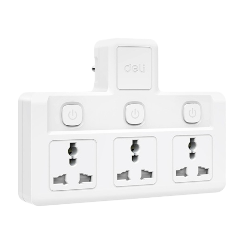 Deli อแดปเตอร์ปลั๊กแปลง 10A 2500W ทนความร้อน 750 องศา สีขาว รุ่น ET715 1ชิ้น 3 ช่อง 3 สวิตซ์